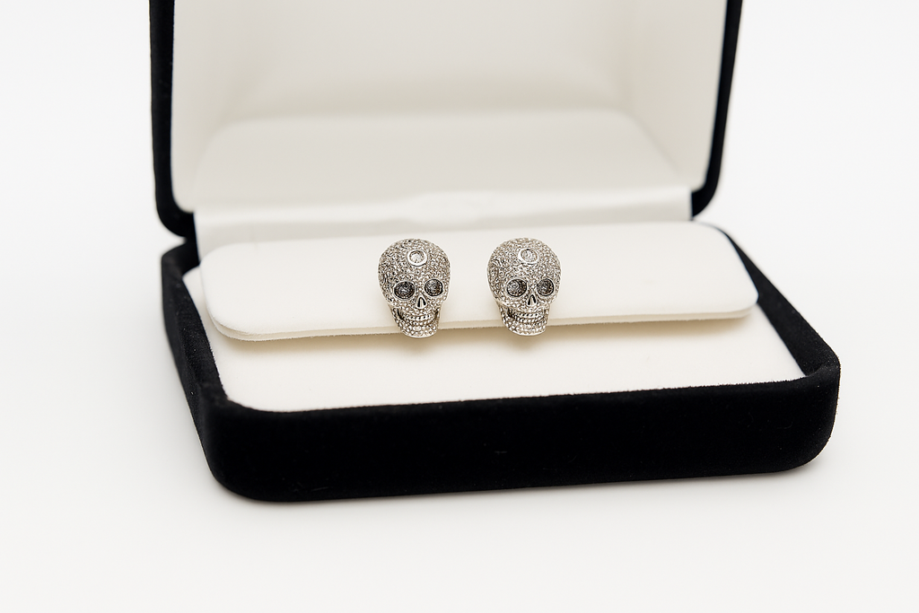 Sterling Silver Skull Stud Earrings with Crystal Detailing